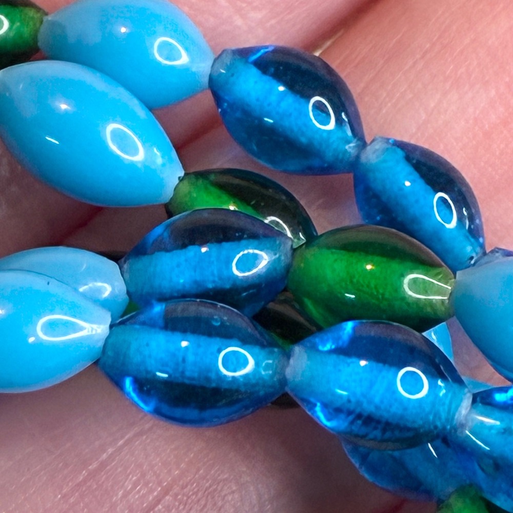 Vintage Necklace Long Blue Green Glass Bead Strand Flapper Mid Century Boho 55"